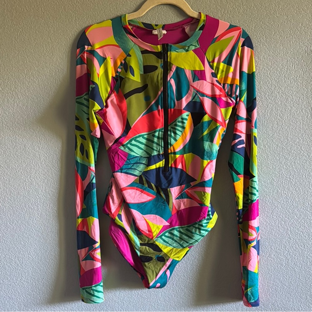 Trina Turk Multicolor Long Sleeve, Open-Back Swimsuit